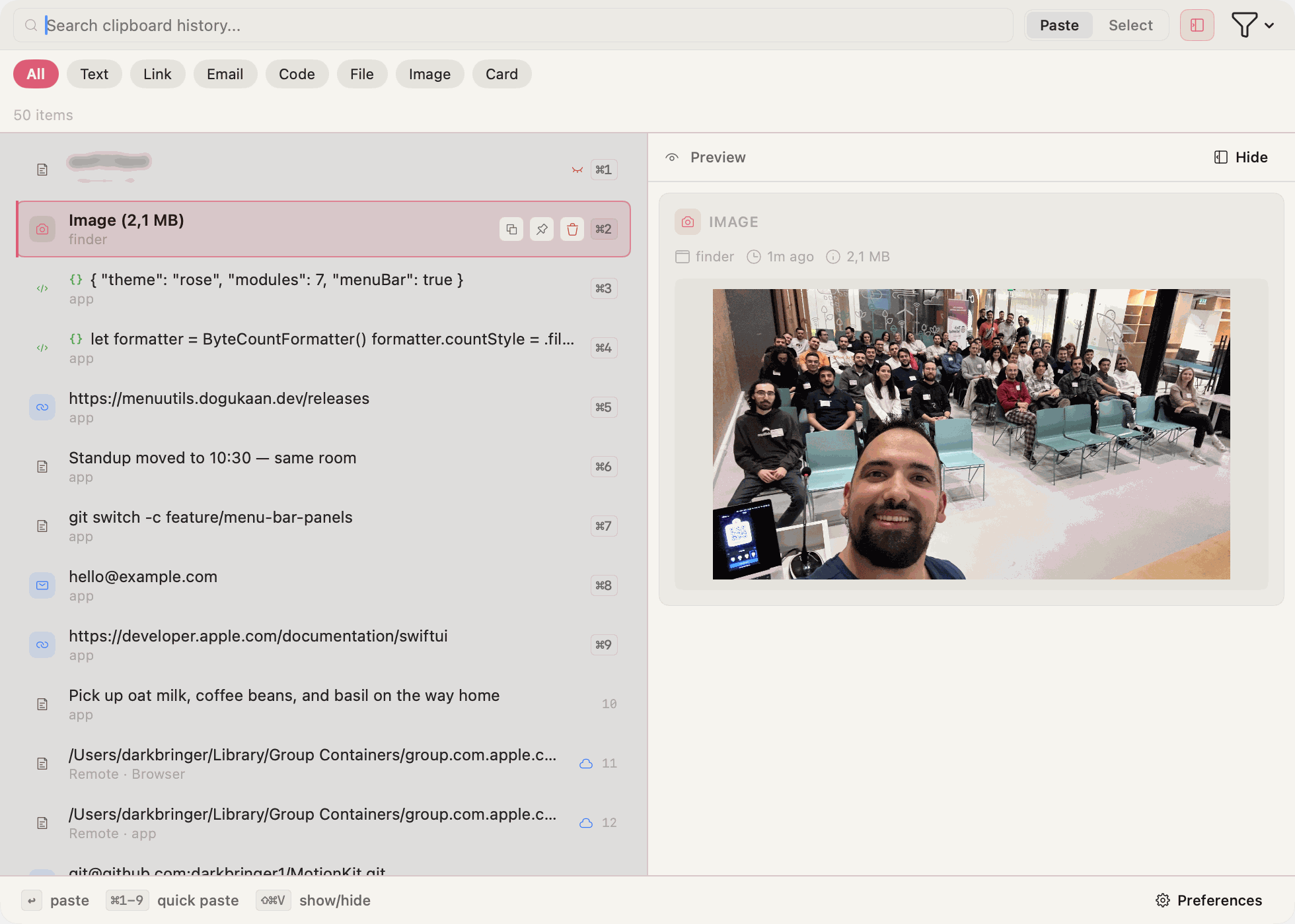 Clipboard Manager panel with searchable history, filters for text, links, email, code, files, images, and cards, a blurred sensitive entry, and a preview of the selected image