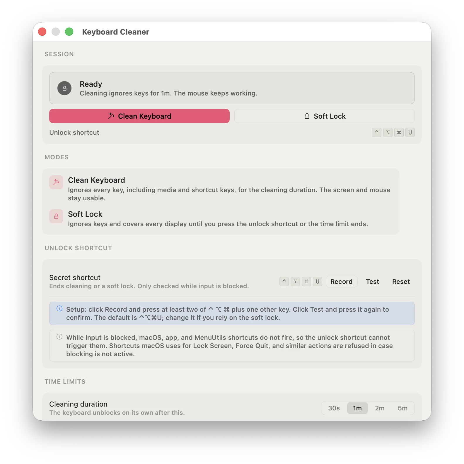 Keyboard Cleaner window with Clean Keyboard and Soft Lock, the unlock shortcut, and cleaning duration