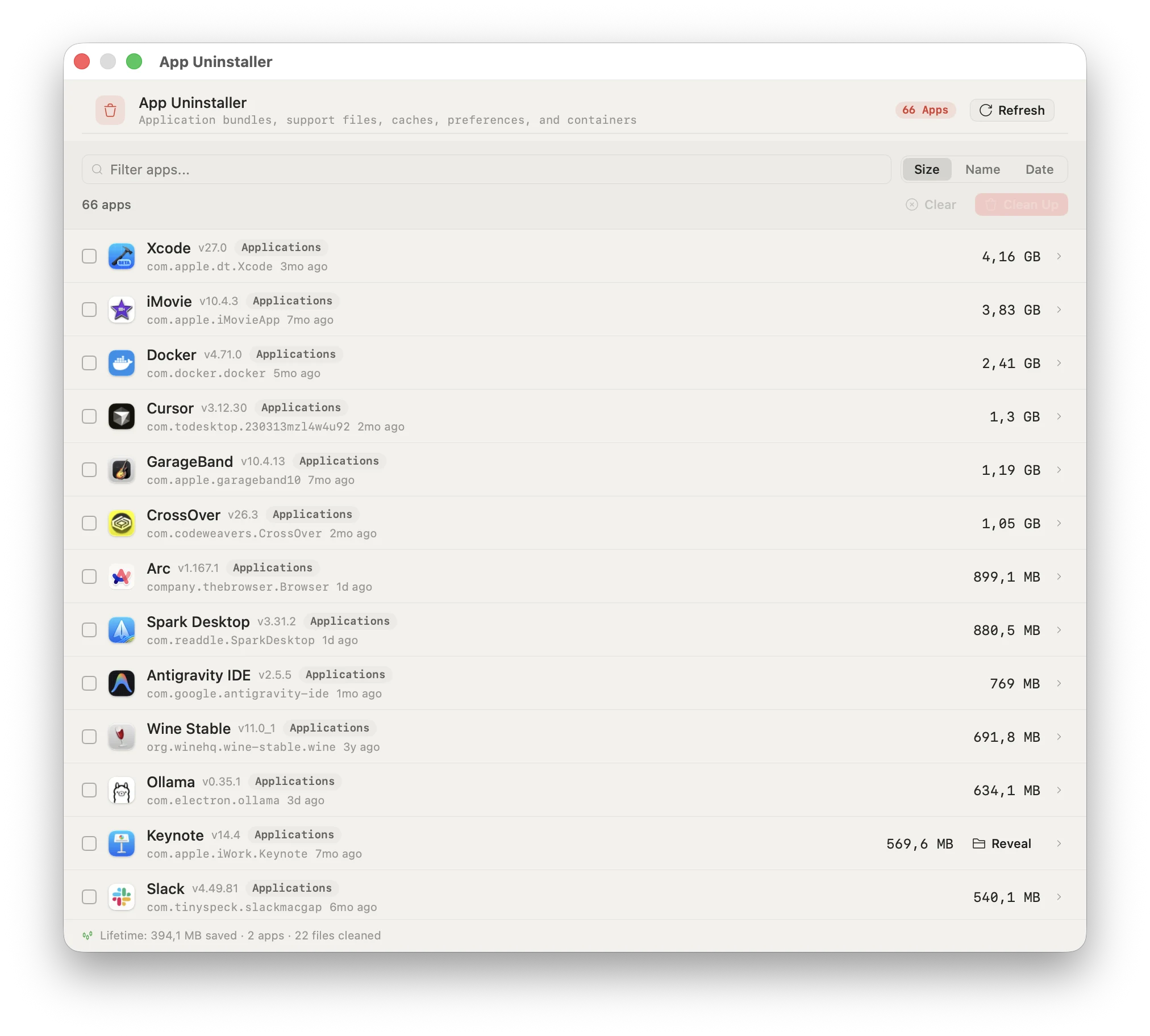 App Uninstaller window listing installed apps sorted by size with filters for size, name, and date