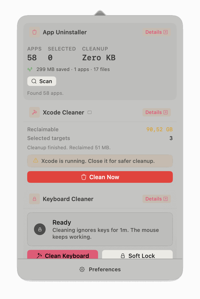 MenuUtils menu bar panel with App Uninstaller, Xcode Cleaner, and Keyboard Cleaner stacked in a single dropdown