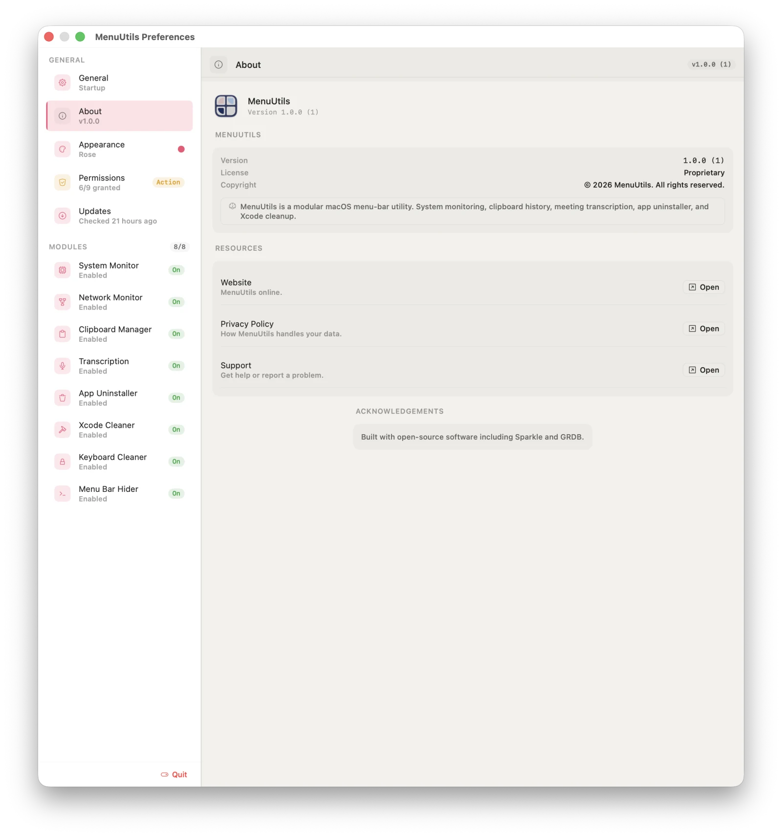 MenuUtils Preferences, About pane