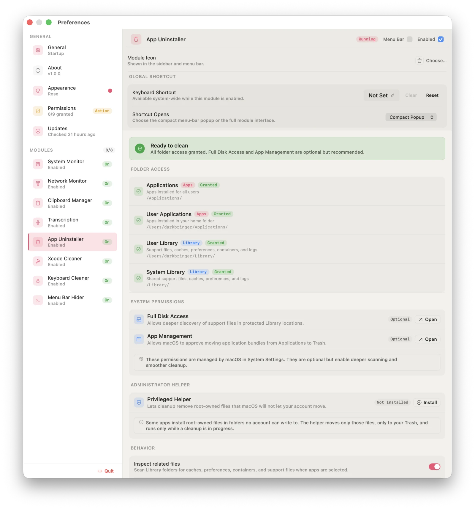 App Uninstaller settings showing folder access, optional Full Disk Access and App Management, and the privileged helper