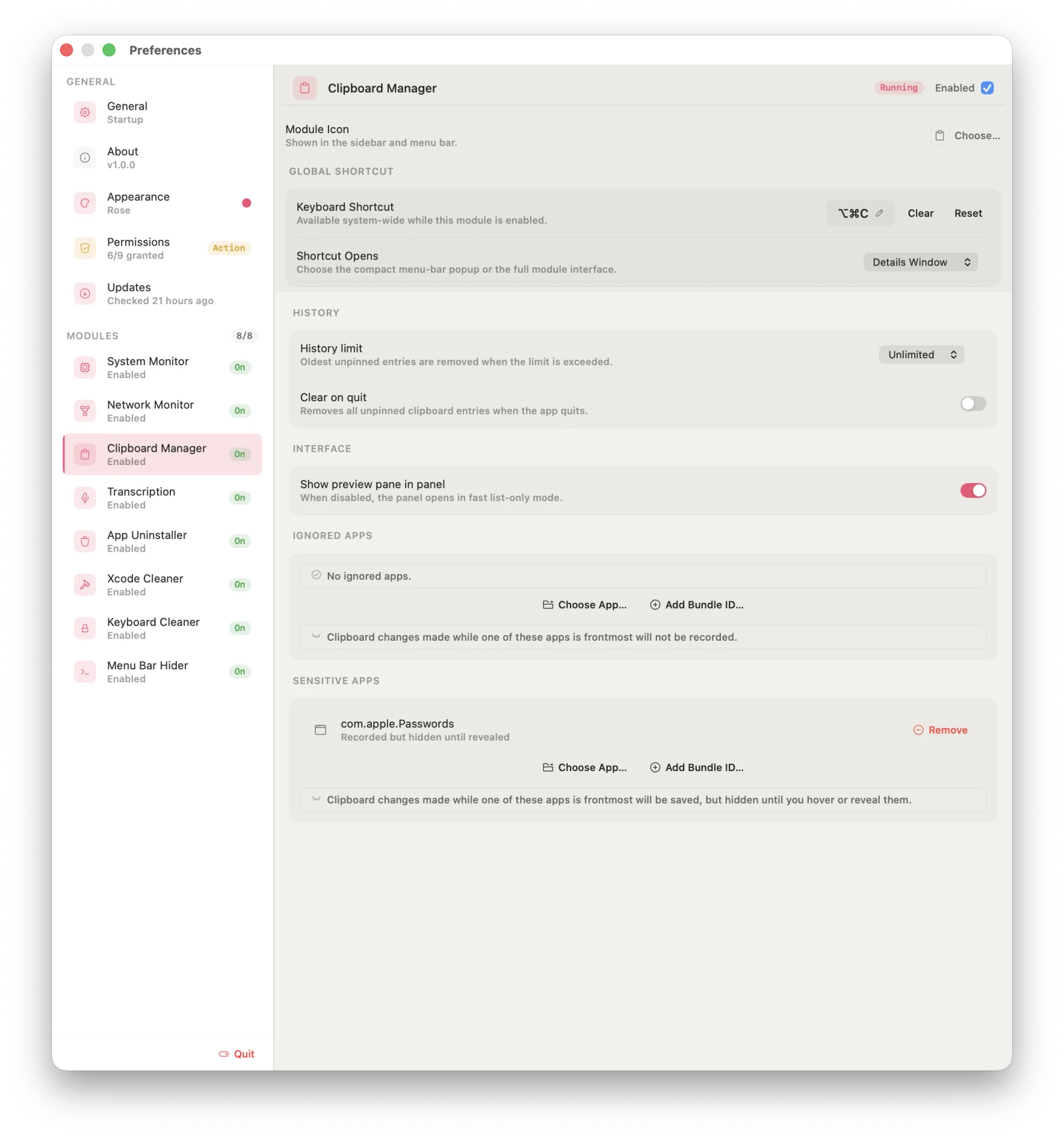 Clipboard Manager settings with a global shortcut, history limit, preview pane, ignored apps, and sensitive apps