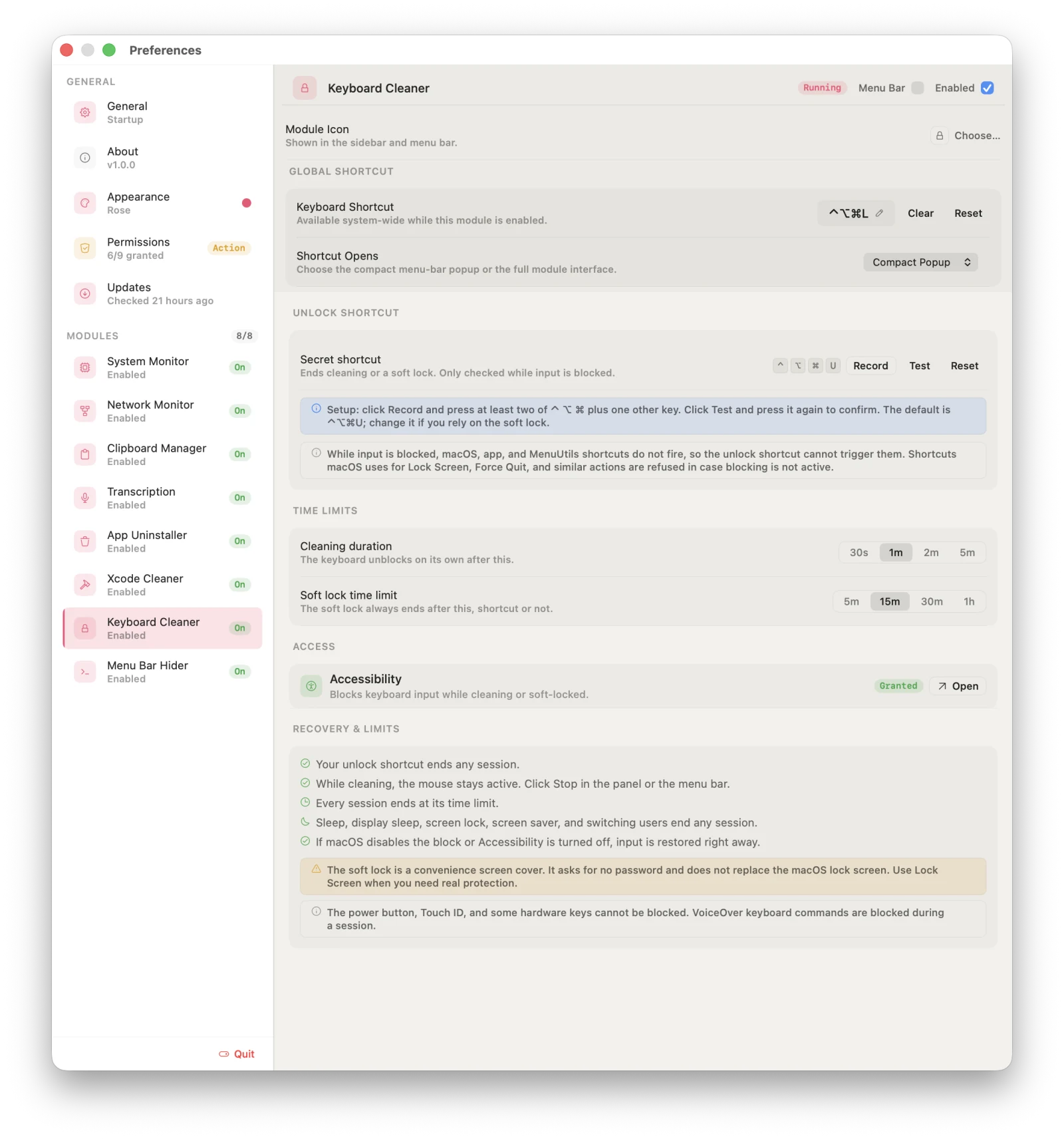 Keyboard Cleaner settings with the secret unlock shortcut, time limits, Accessibility access, and recovery rules
