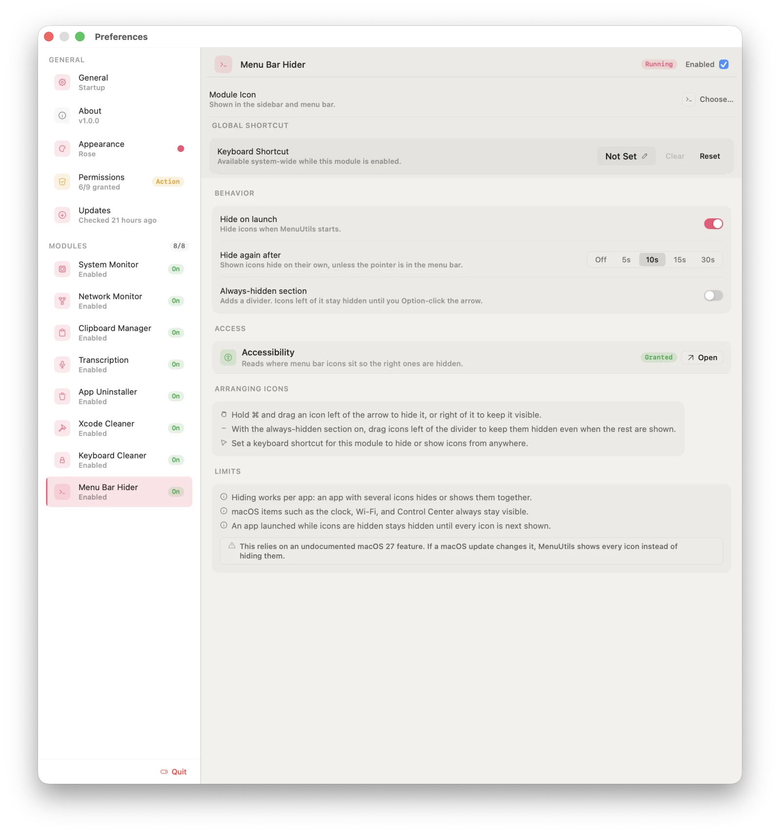 MenuUtils Preferences, Menu Bar Hider pane