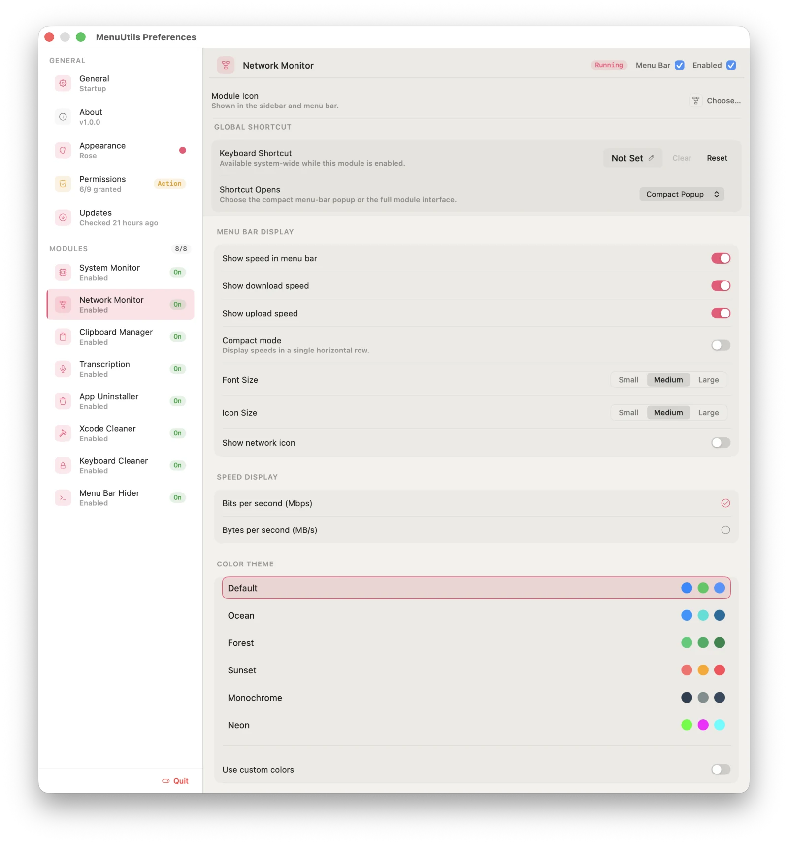 Network Monitor settings with menu bar display toggles, font and icon size, speed units, and color themes