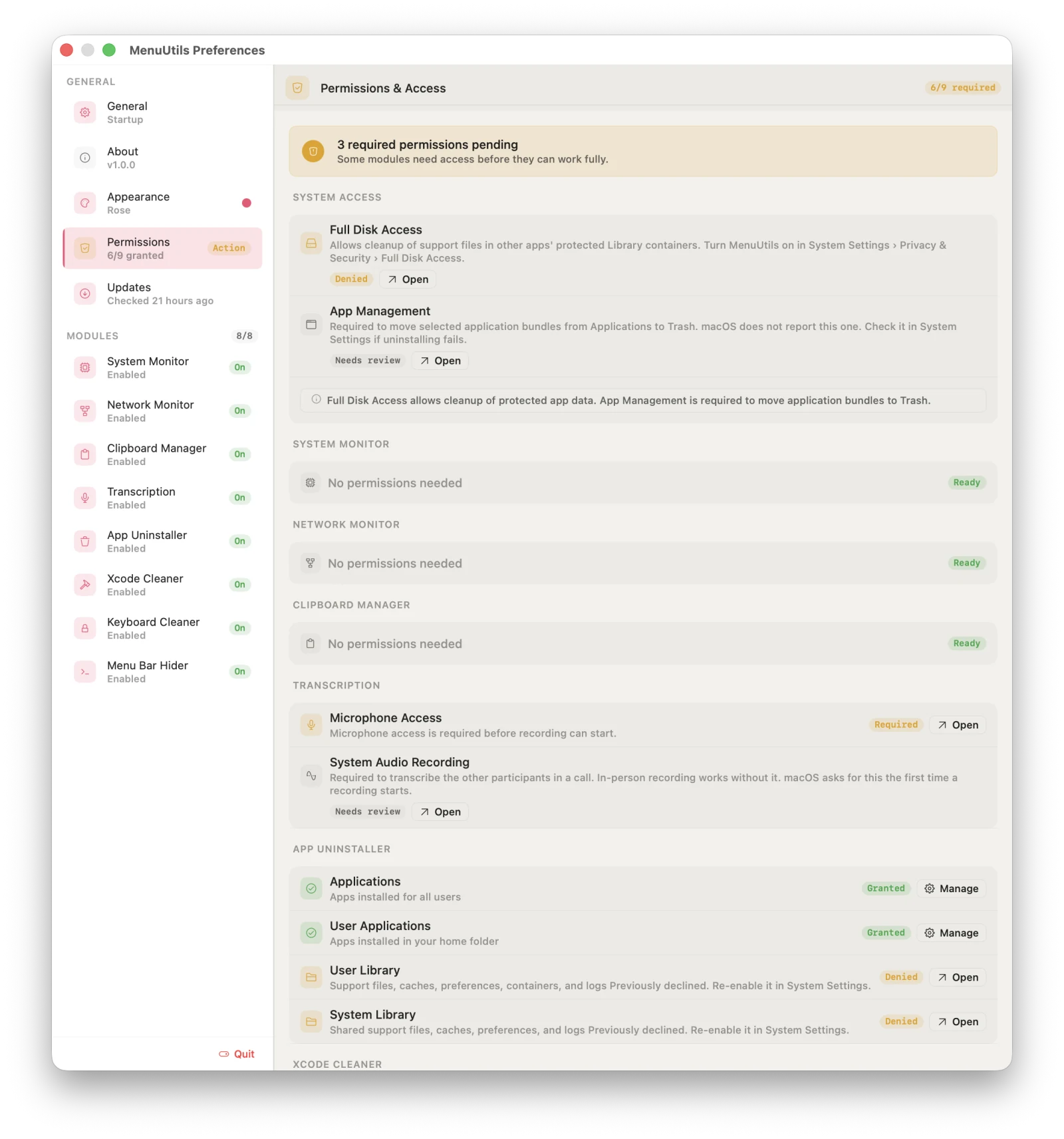 MenuUtils Preferences, Permissions pane