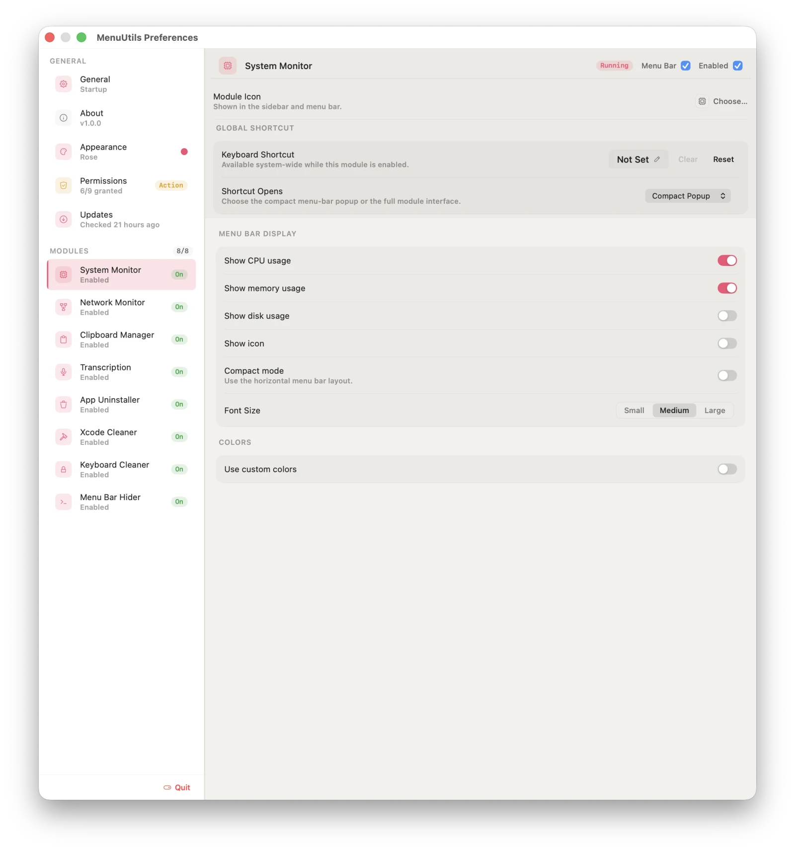 MenuUtils Preferences, System Monitor pane