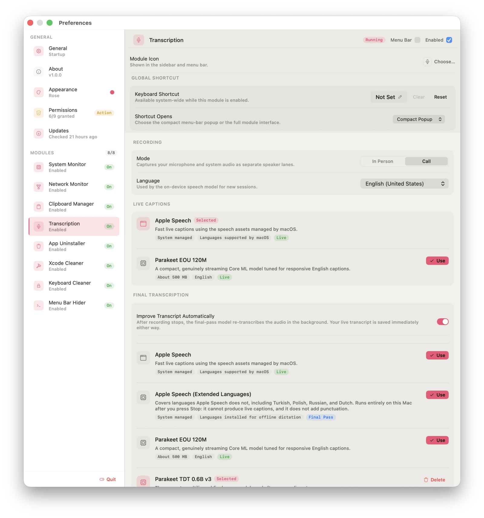 Transcription settings with In Person and Call modes, language, live caption models, and final transcription models including Apple Speech and Parakeet