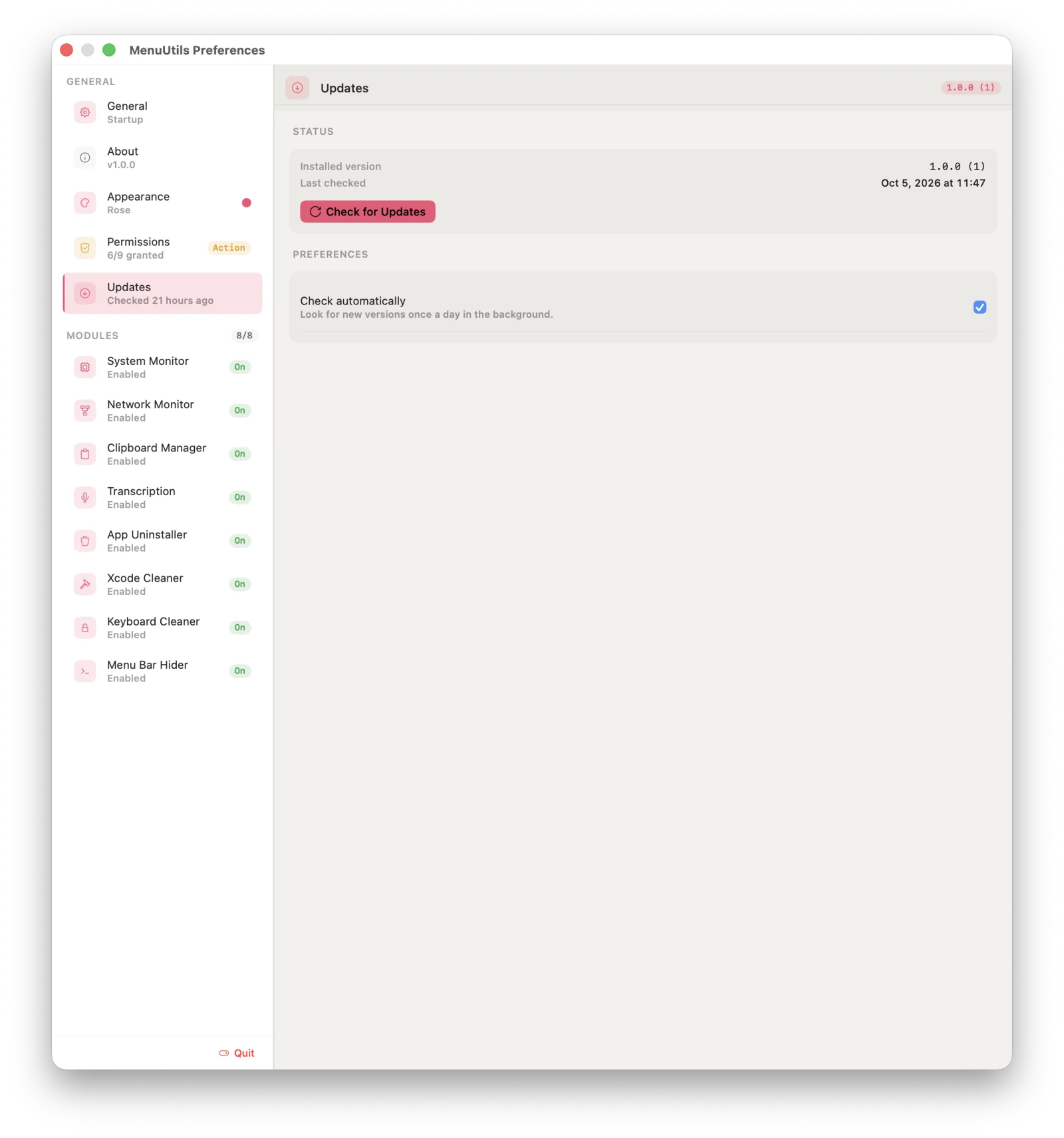MenuUtils Preferences, Updates pane
