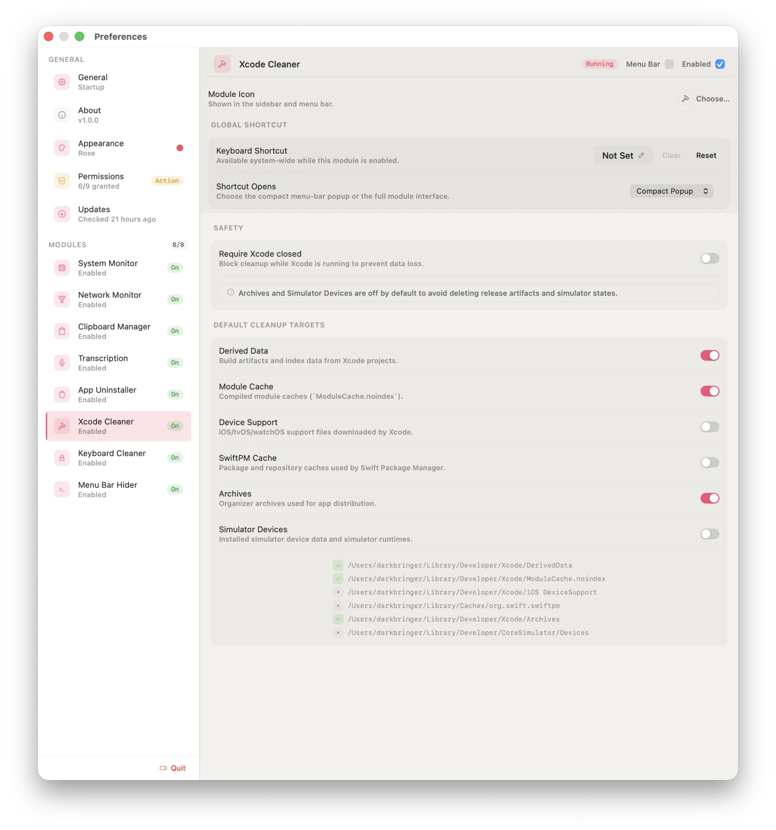 MenuUtils Preferences, Xcode Cleaner pane
