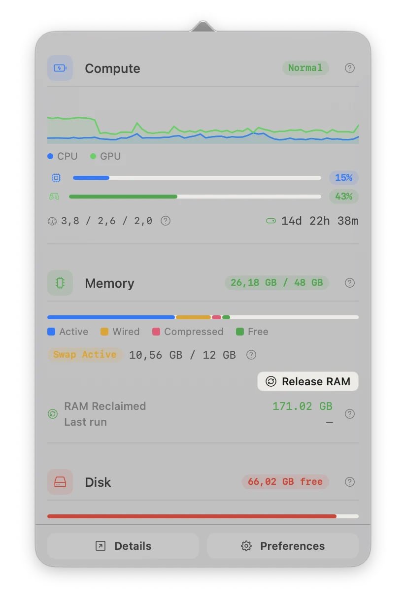 System Monitor menu bar panel with CPU and GPU history, memory pressure with a Release RAM button, and free disk space